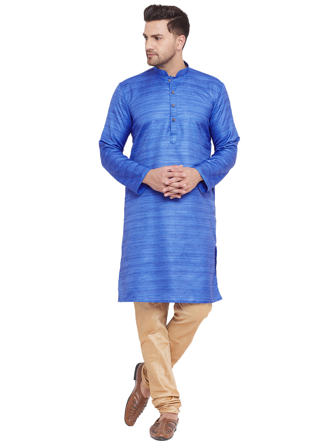 VM by Vastramay Men's Blue And Rose Gold Silk Blend Kurta Pyjama Set - Distacart