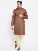 Thumbnail for VM by Vastramay Men's Coffee Brown And Gold Silk Blend Kurta Pyjama Set - Distacart