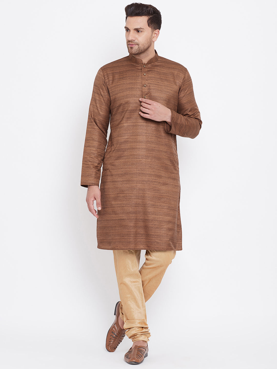 Vastramay Men s Coffee Brown And Rose Gold Silk Blend Kurta Pyjama Set