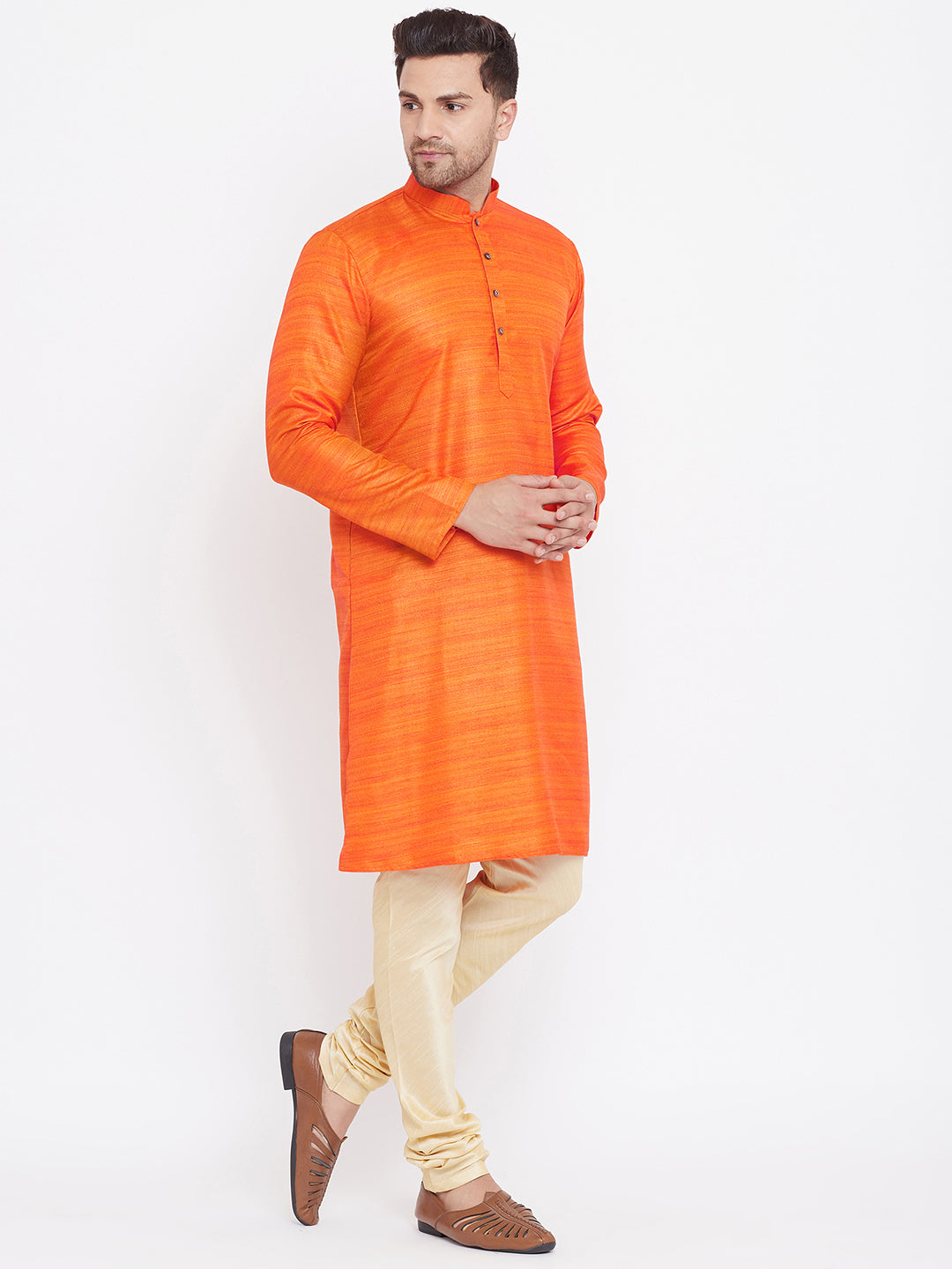 VM by Vastramay Men's Orange And Gold Silk Blend Kurta Pyjama Set - Distacart