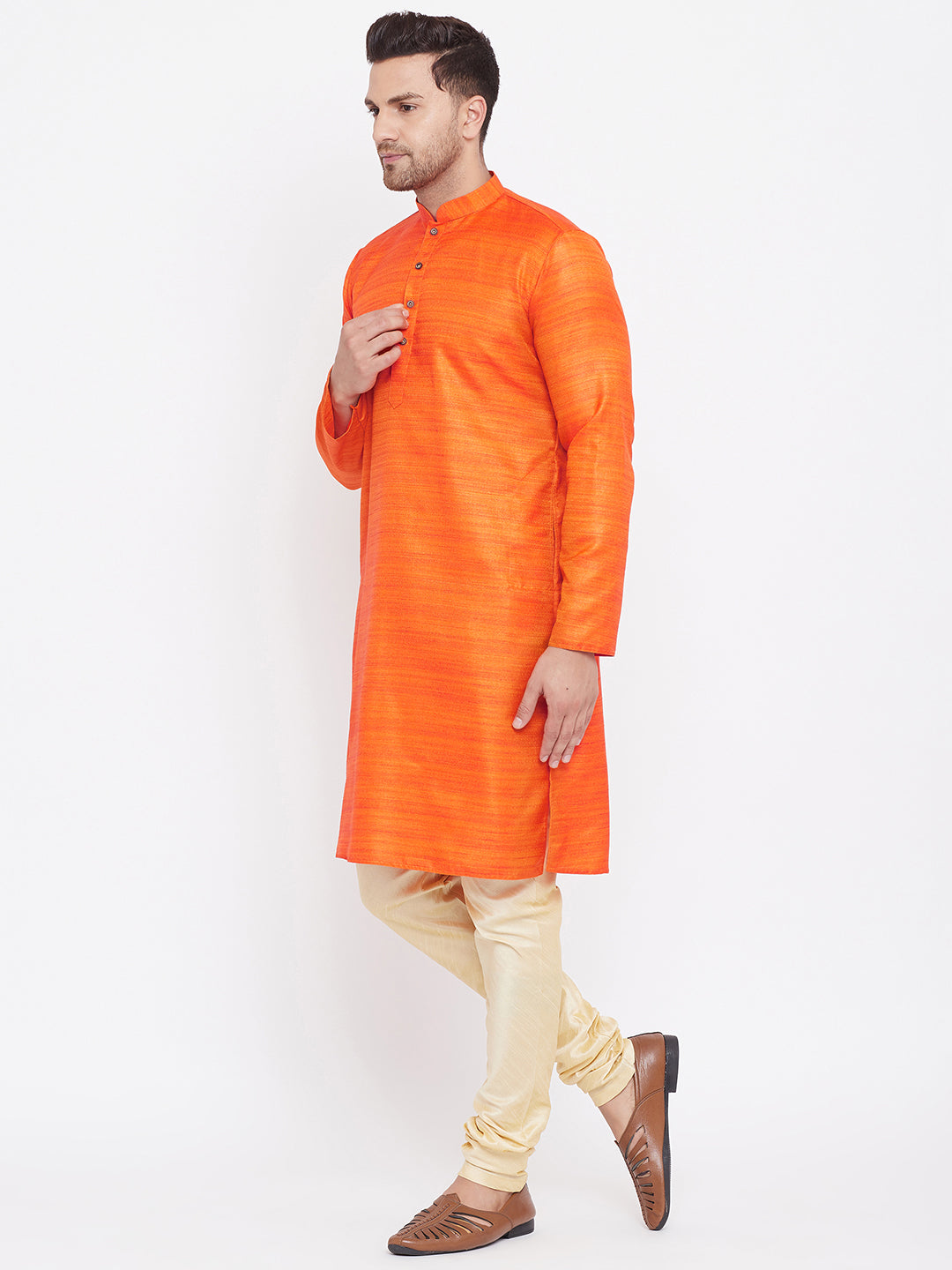 VM by Vastramay Men's Orange And Gold Silk Blend Kurta Pyjama Set - Distacart