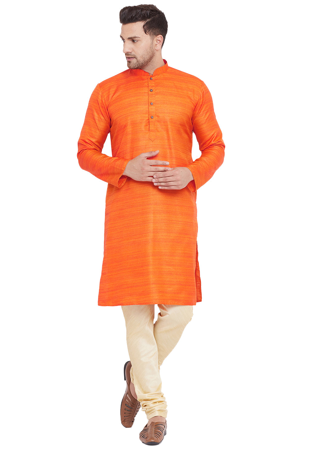VM by Vastramay Men's Orange And Gold Silk Blend Kurta Pyjama Set - Distacart
