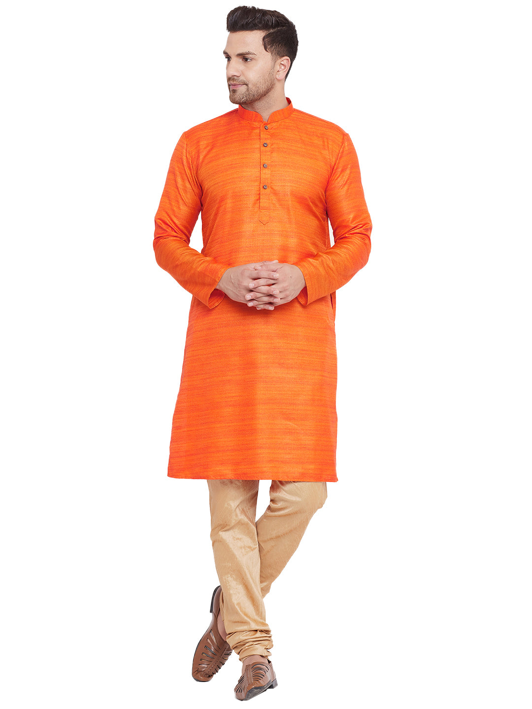 VM by Vastramay Men's Orange And Rose Gold Silk Blend Kurta Pyjama Set - Distacart