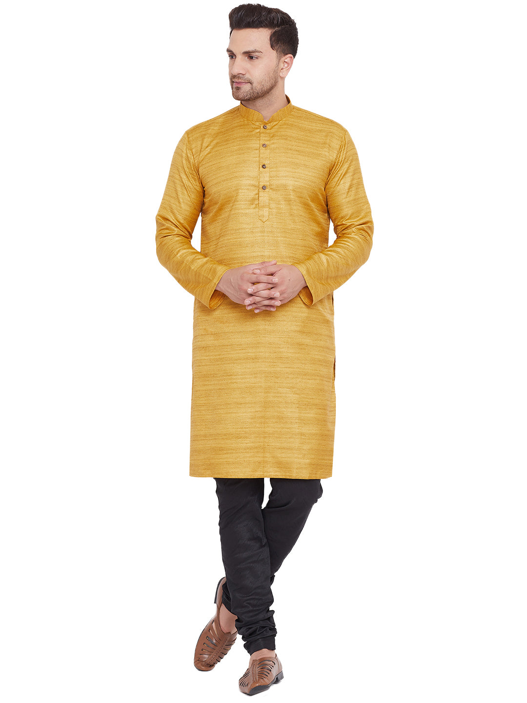 VM by Vastramay Men's Mustard And Black Silk Blend Kurta Pyjama Set - Distacart