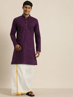 Thumbnail for Vastramay Men's Purple and White Cotton Blend Kurta And Mundu Set - Distacart
