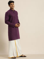 Thumbnail for Vastramay Men's Purple and White Cotton Blend Kurta And Mundu Set - Distacart