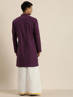 Thumbnail for Vastramay Men's Purple and White Cotton Blend Kurta And Mundu Set - Distacart