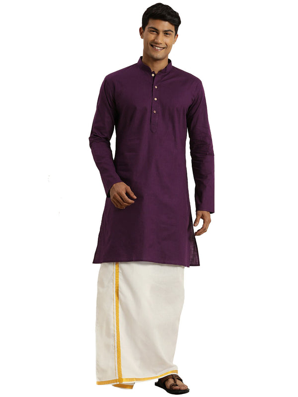Vastramay Men's Purple and White Cotton Blend Kurta And Mundu Set - Distacart