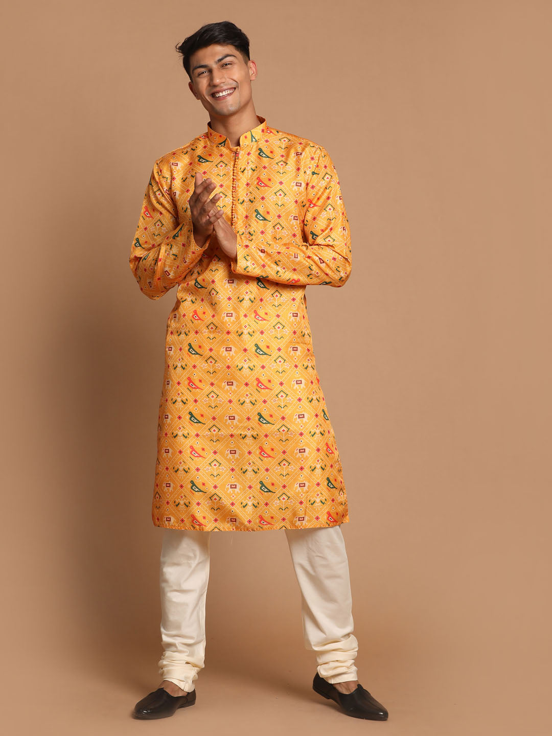 Vastramay Men's Yellow And Cream Cotton Silk Kurta Pyjama Set - Distacart