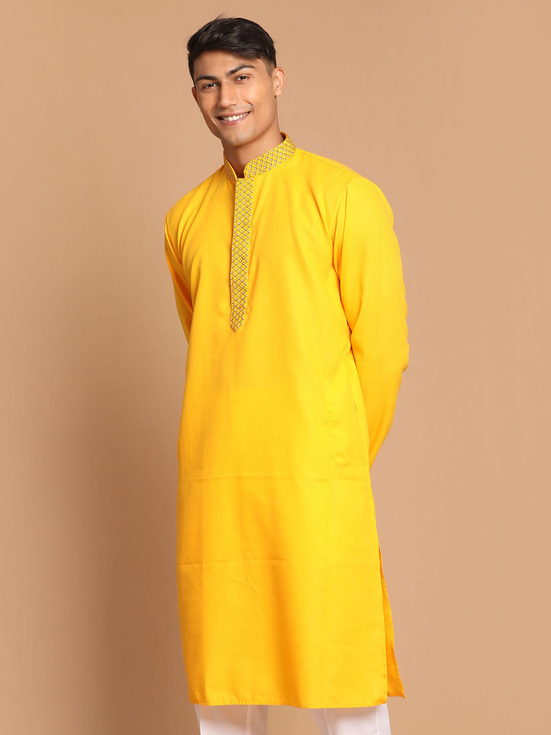 Vastramay Men's Yellow Cotton Blend Kurta - Distacart