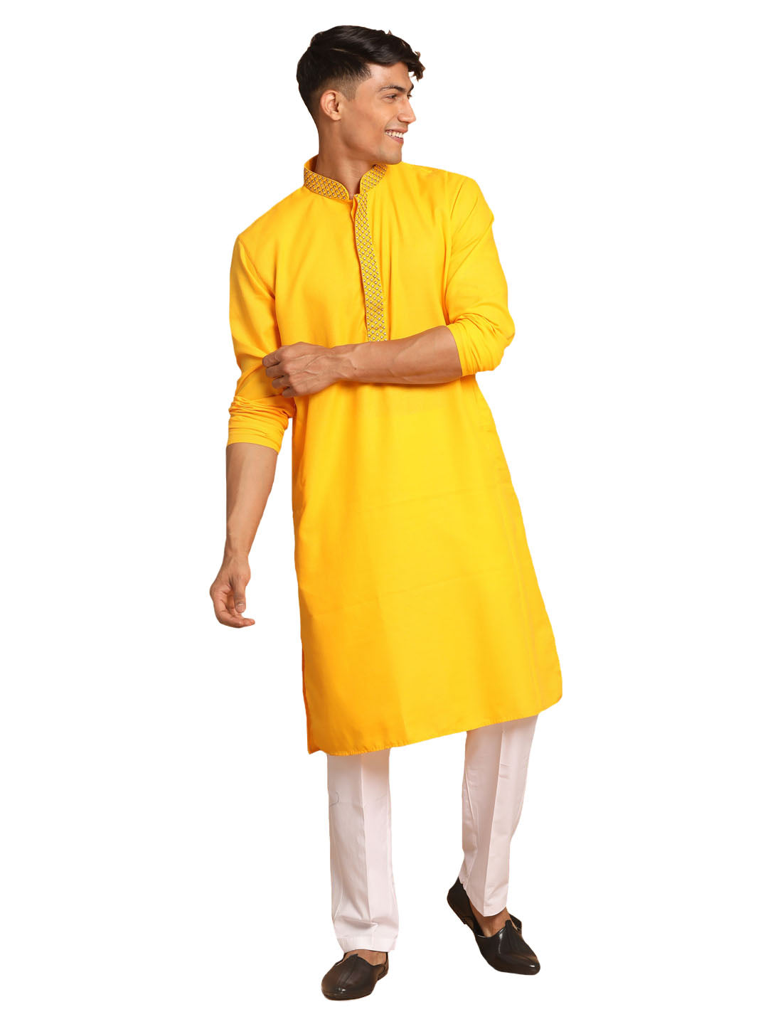 Vastramay Men's Yellow And White Cotton Blend Kurta Pyjama Set - Distacart