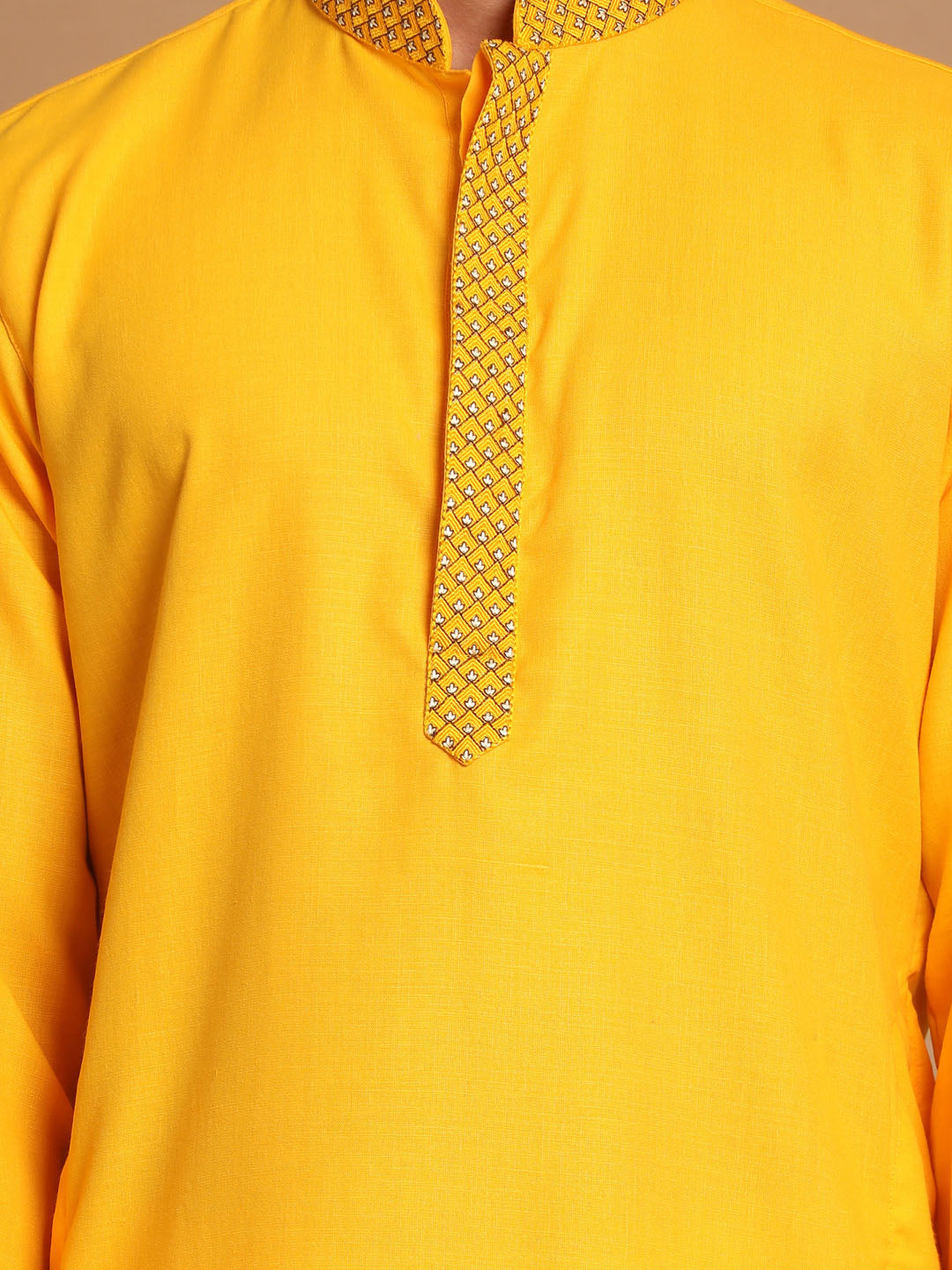 Vastramay Men's Yellow And Cream Cotton Blend Kurta Pyjama Set - Distacart