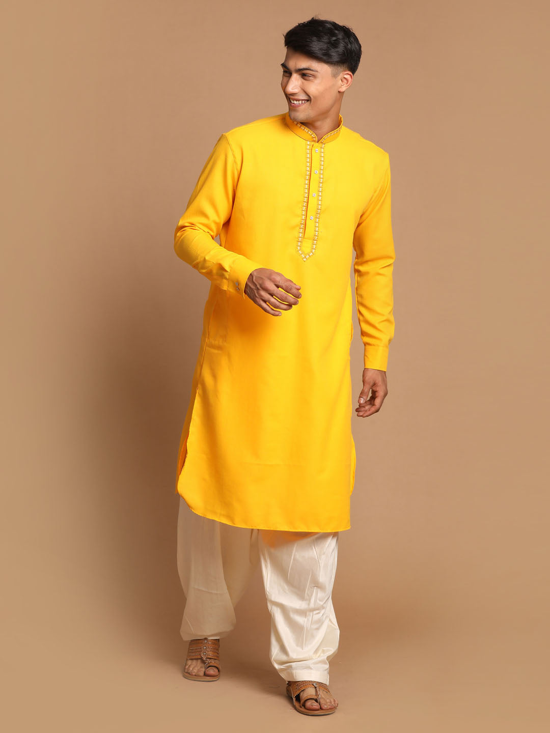 Vastramay Men's Yellow And Cream Cotton Blend Kurta And Patiala Set - Distacart