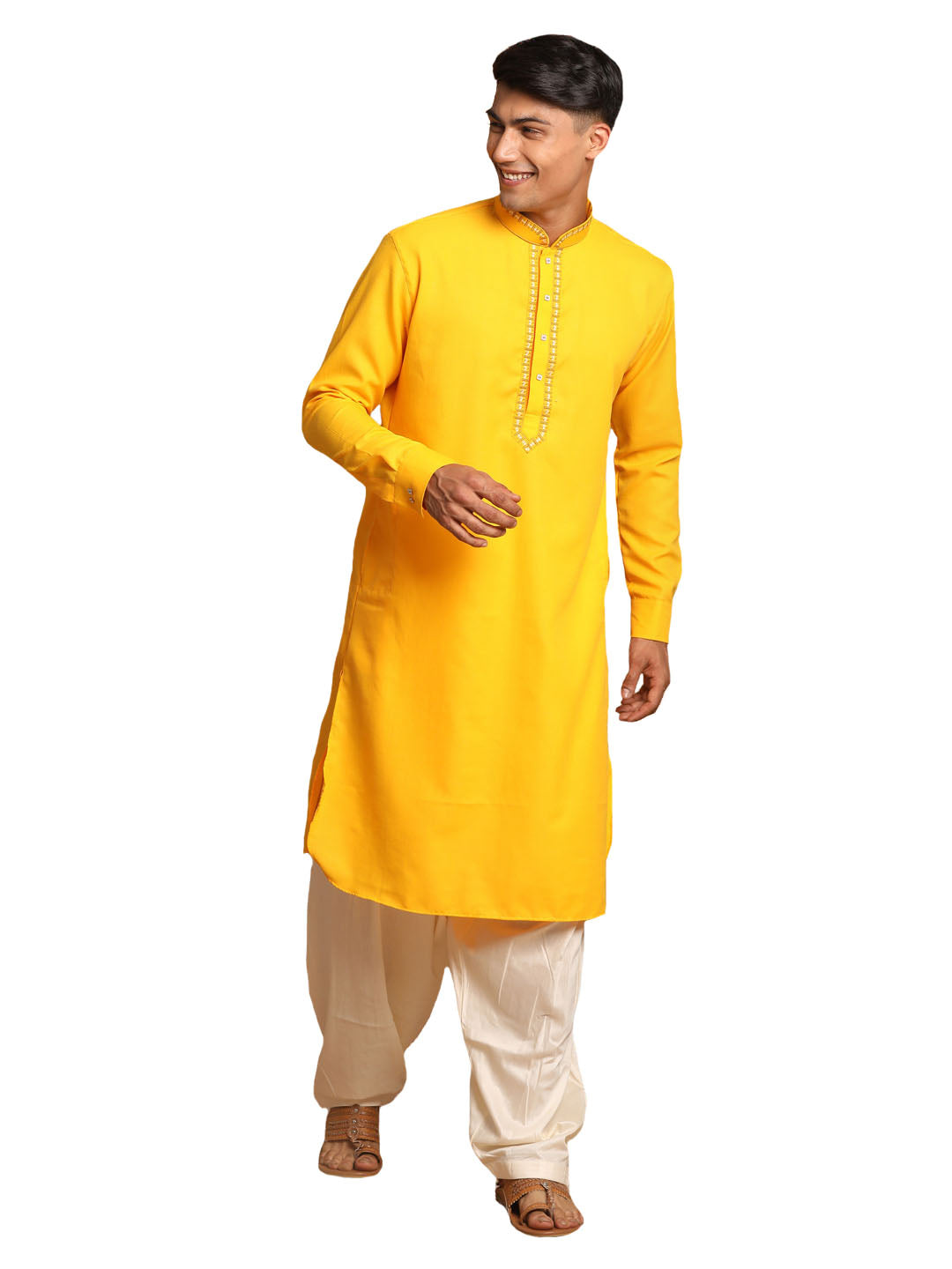 Vastramay Men's Yellow And Cream Cotton Blend Kurta And Patiala Set - Distacart