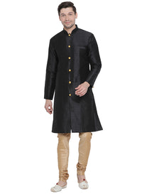 Thumbnail for Vastramay Men's Black Silk Blend Sherwani Set - Distacart