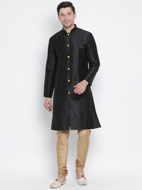Thumbnail for Vastramay Men's Black Silk Blend Sherwani Set - Distacart