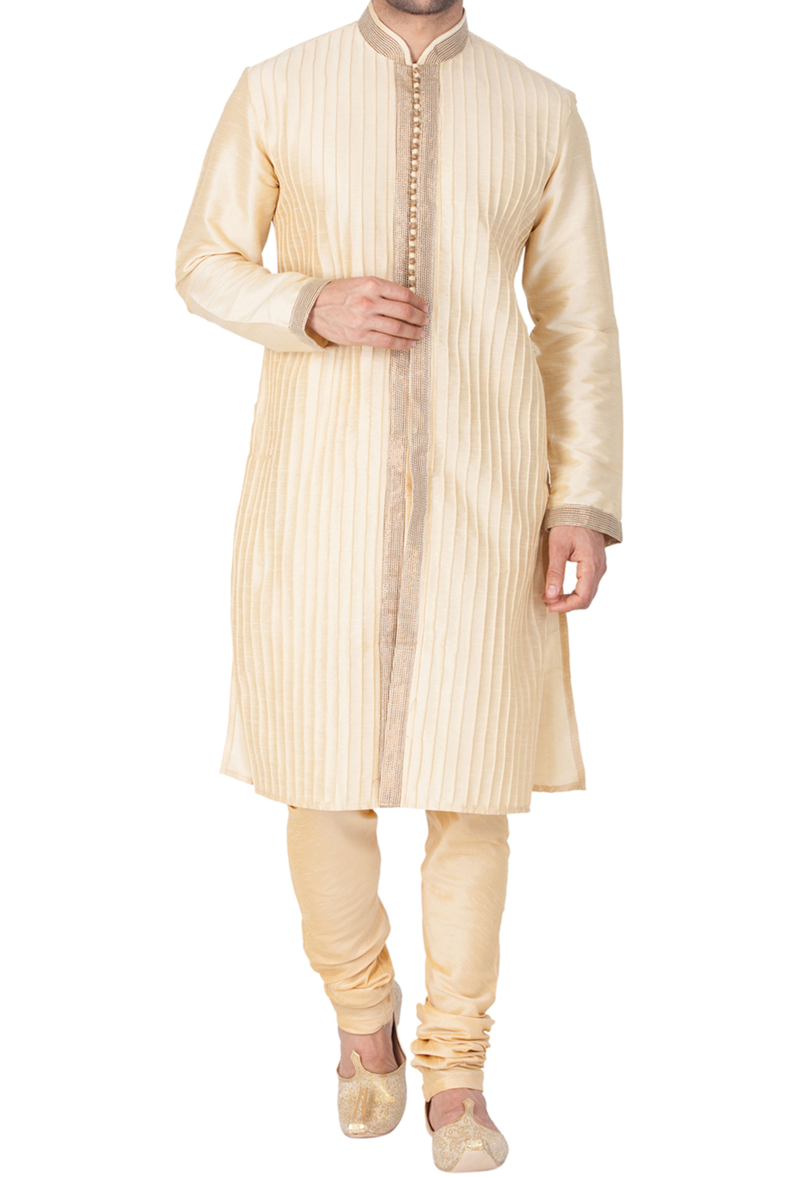 Vastramay Men's Gold Silk Blend Kurta Pyjama Set - Distacart