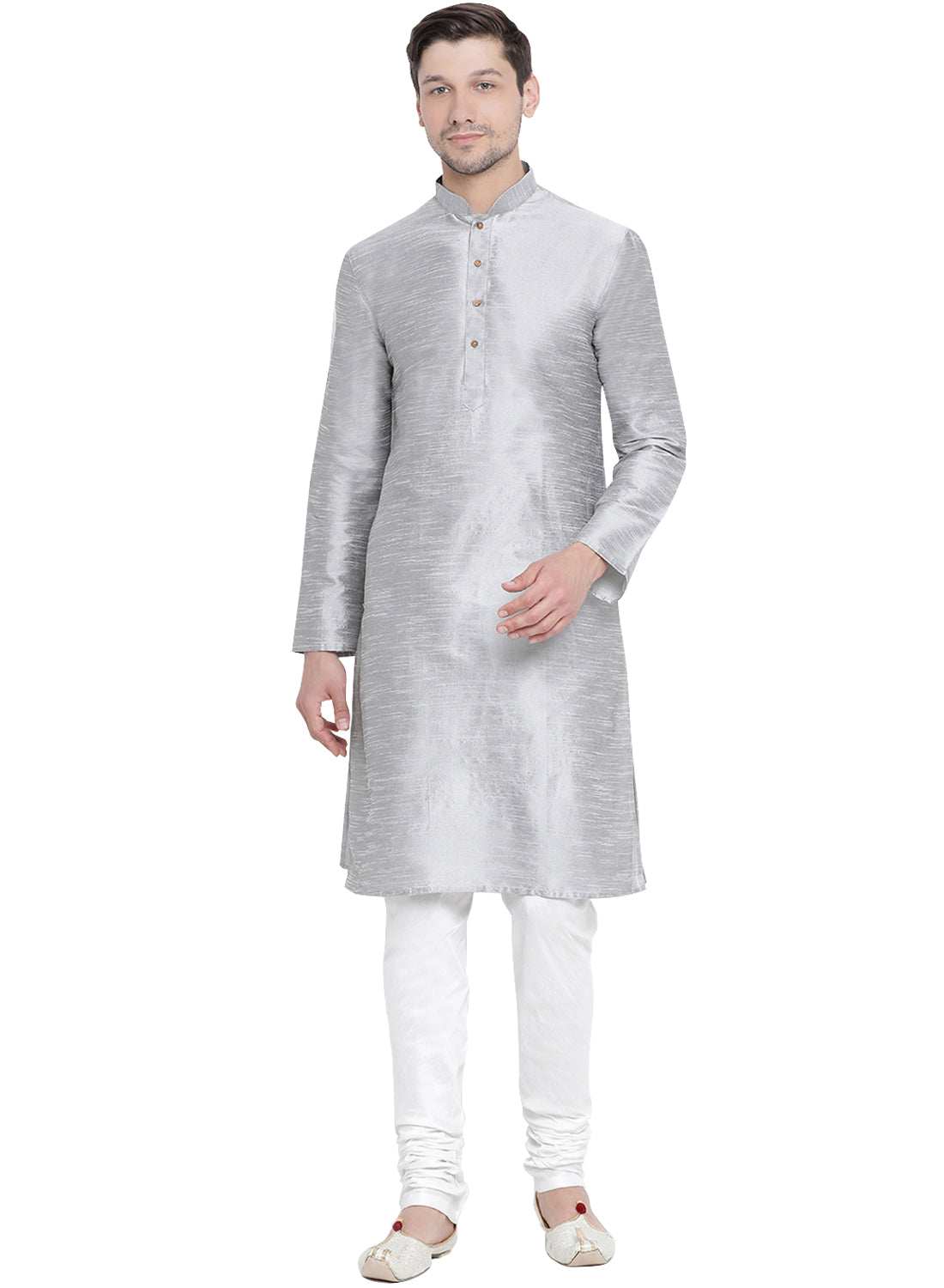 VM by Vastramay Men's Grey Silk Blend Kurta Pyjama Set - Distacart