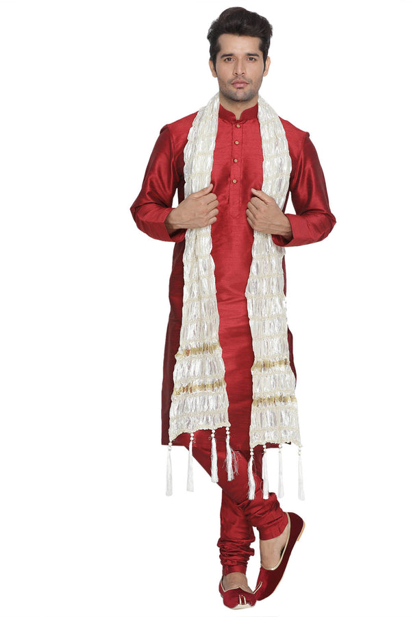 Vastramay Men's Maroon Silk Blend Kurta, Pyjama & Dupatta Set - Distacart