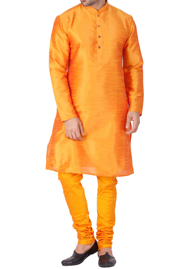 Vastramay Men's Orange Silk Blend Kurta Pyjama Set - Distacart