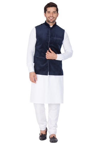 Vastramay Men's White Cotton Blend Jacket, Kurta and Pyjama Set - Distacart