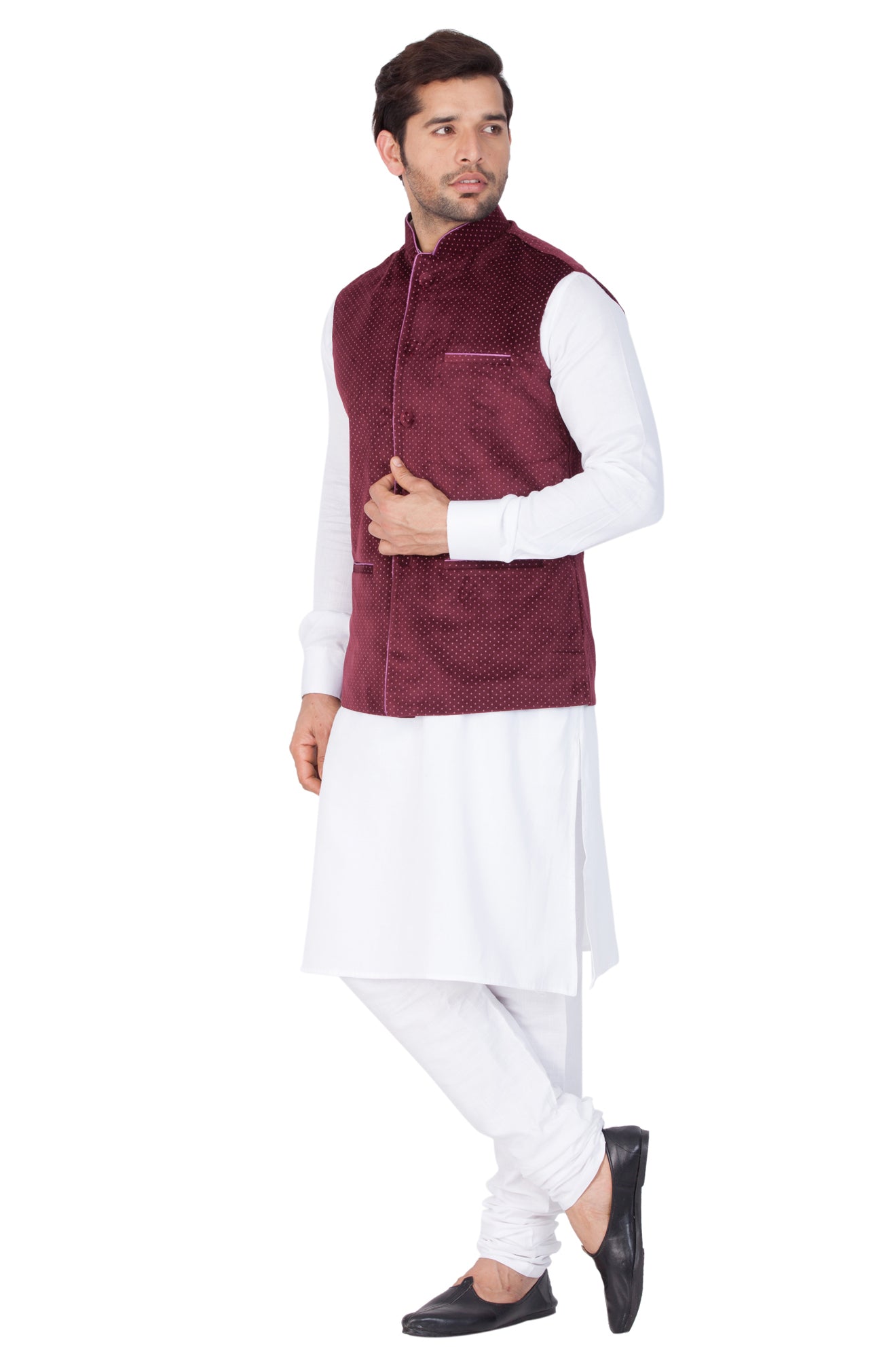 Vastramay Men's White Cotton Blend Jacket, Kurta and Pyjama Set - Distacart