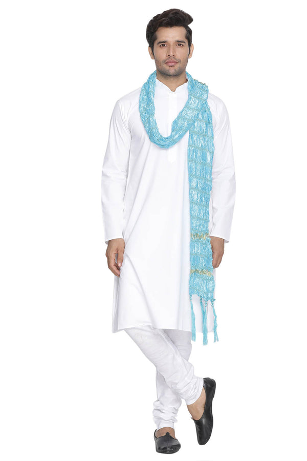 Vastramay Men's White Cotton Blend Kurta, Pyjama & Dupatta Set - Distacart