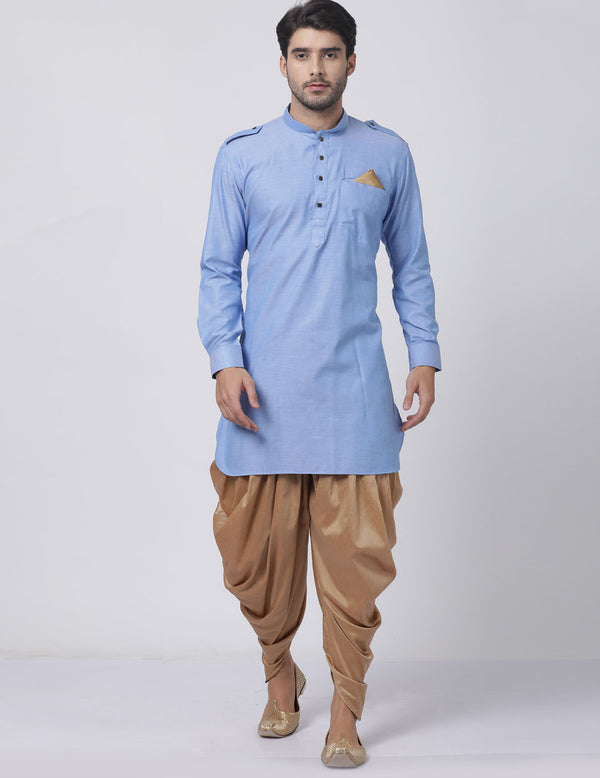 Vastramay Men's Blue Cotton Blend Kurta and Dhoti Set - Distacart