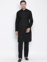 Thumbnail for Vastramay Men's Black Cotton Linen Blend Pathani Kurta Set - Distacart