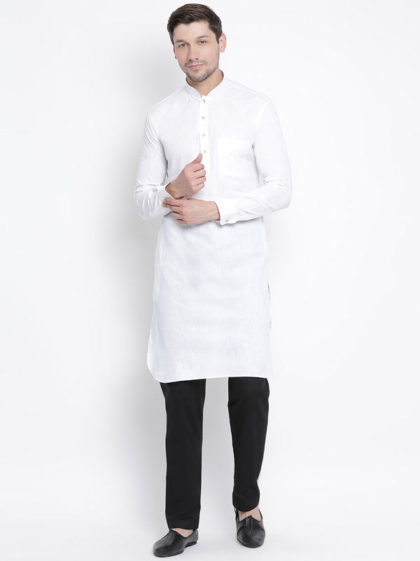 Vastramay Men's White Cotton Linen Blend Pathani Kurta Set - Distacart