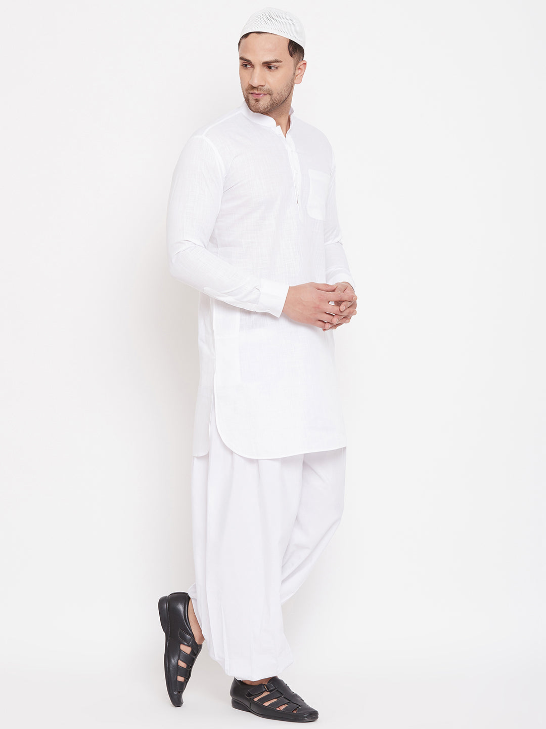 VM by Vastramay Men's White Cotton Linen Pathani Kurta Set - Distacart