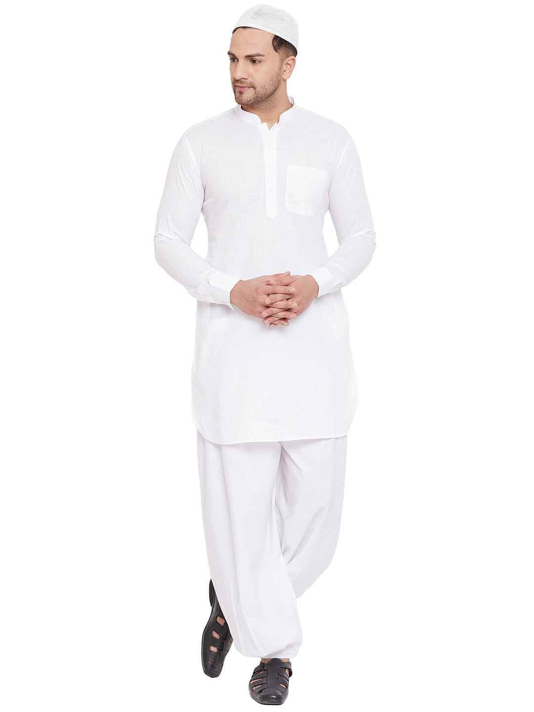 VM by Vastramay Men's White Cotton Linen Pathani Kurta Set - Distacart