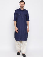 Thumbnail for VM by Vastramay Men's Blue Cotton Blend Pathani Kurta Set - Distacart