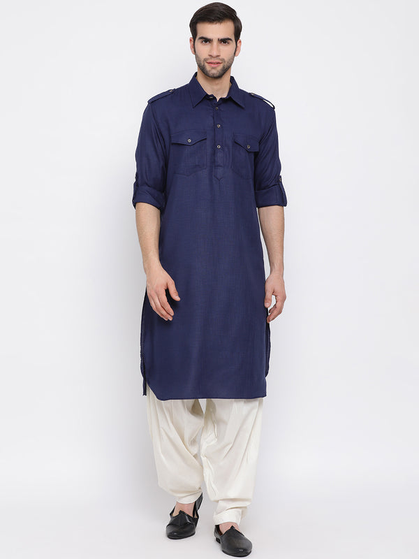 VM by Vastramay Men's Blue Cotton Blend Pathani Kurta Set - Distacart