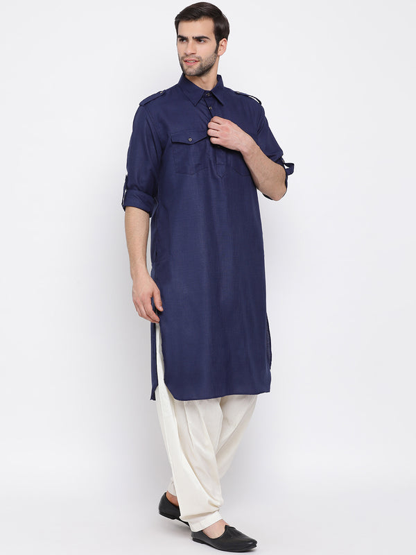 VM by Vastramay Men's Blue Cotton Blend Pathani Kurta Set - Distacart