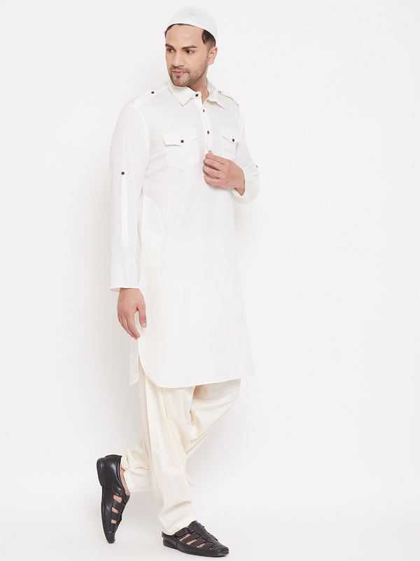 VM by Vastramay Men's Cream And White Cotton Blend Pathani Kurta Set - Distacart