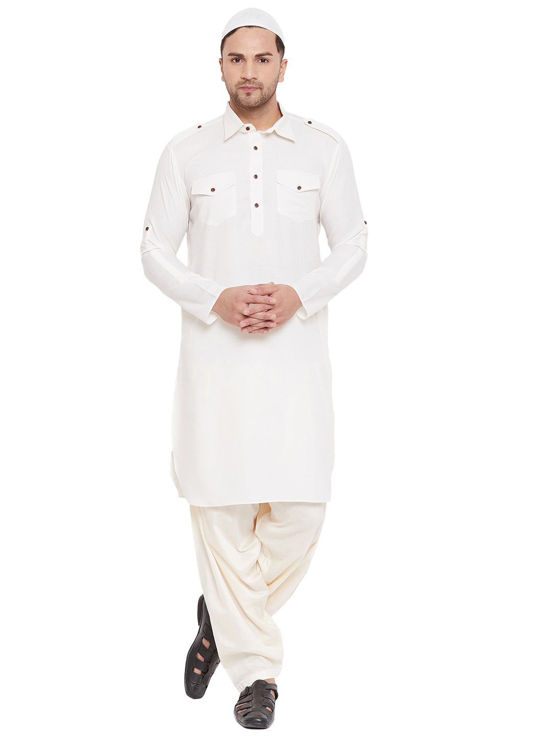 VM by Vastramay Men's Cream And White Cotton Blend Pathani Kurta Set - Distacart