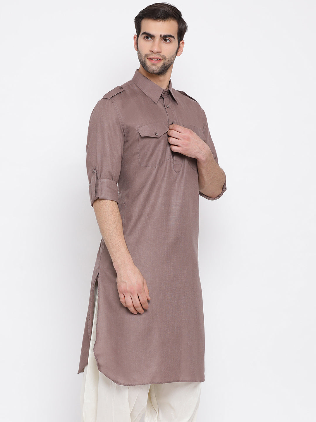 Vastramay Men's Grey Cotton Blend Pathani Kurta - Distacart