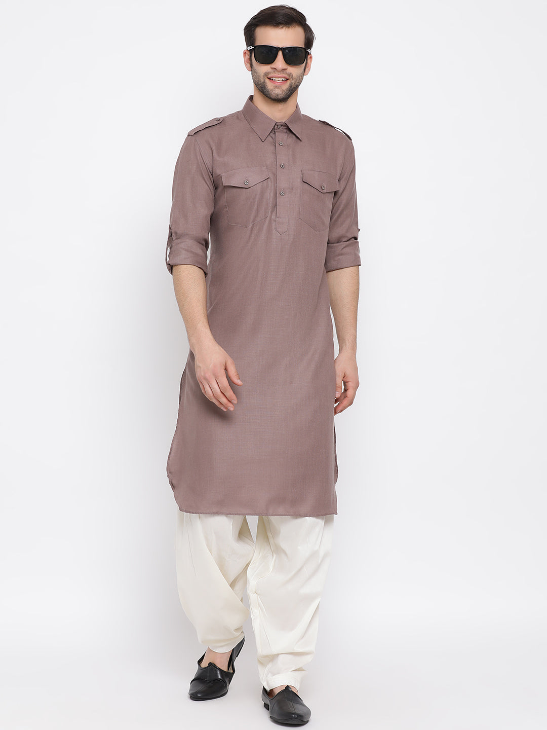 Vastramay Men's Grey Cotton Blend Pathani Kurta - Distacart