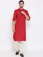 Thumbnail for Vastramay Men's Maroon Cotton Blend Pathani Kurta Set - Distacart