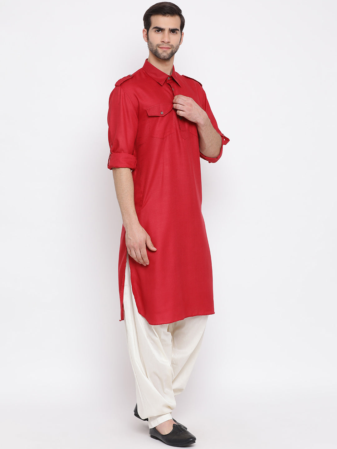 Vastramay Men's Maroon Cotton Blend Pathani Kurta Set - Distacart