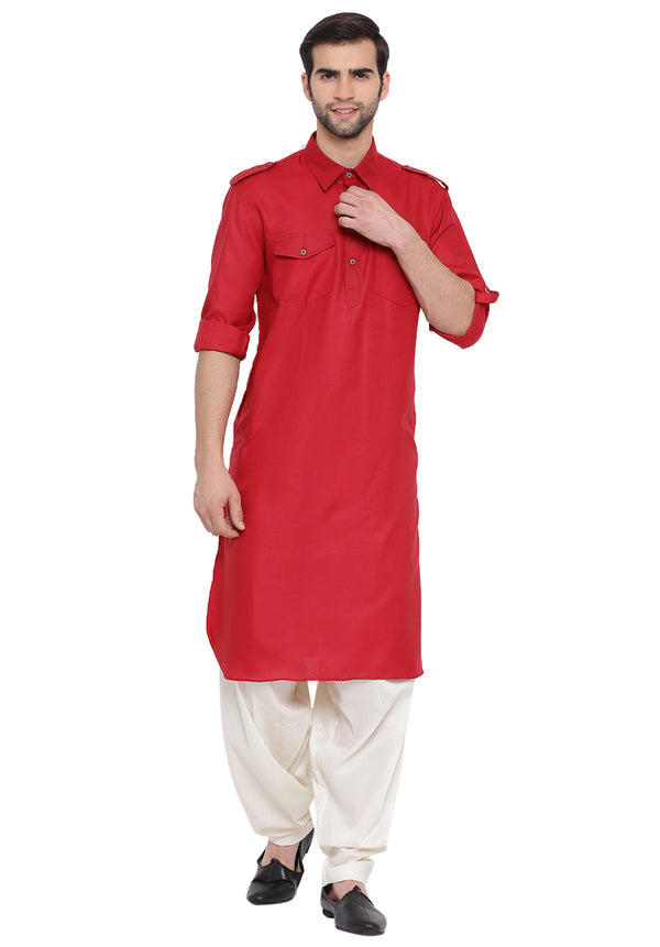 Vastramay Men's Maroon Cotton Blend Pathani Kurta Set - Distacart
