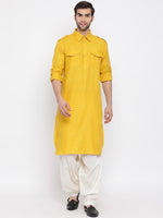 Thumbnail for VM by Vastramay Men's Mustard Cotton Blend Pathani Kurta Set - Distacart