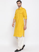 Thumbnail for VM by Vastramay Men's Mustard Cotton Blend Pathani Kurta Set - Distacart