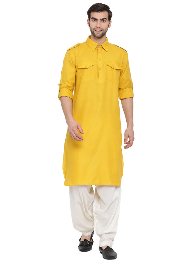 Vastramay Men's Mustard Cotton Blend Pathani Kurta Set - Distacart