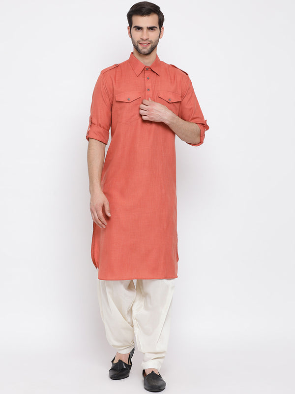 Vastramay Men's Pink Cotton Blend Pathani Kurta Set - Distacart
