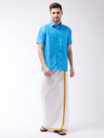 Thumbnail for Vastramay Men's Aqua Blue And White Silk Blend Shirt And Mundu - Distacart