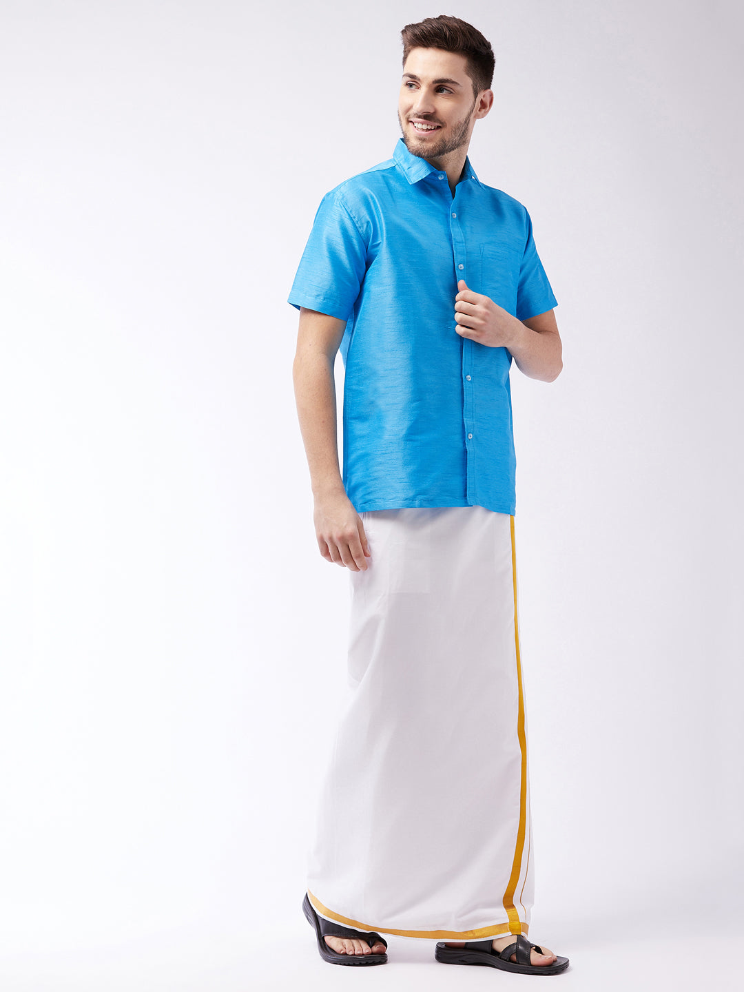 Vastramay Men's Aqua Blue And White Silk Blend Shirt And Mundu - Distacart