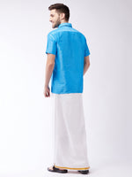 Thumbnail for Vastramay Men's Aqua Blue And White Silk Blend Shirt And Mundu - Distacart