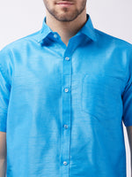 Thumbnail for Vastramay Men's Aqua Blue And White Silk Blend Shirt And Mundu - Distacart